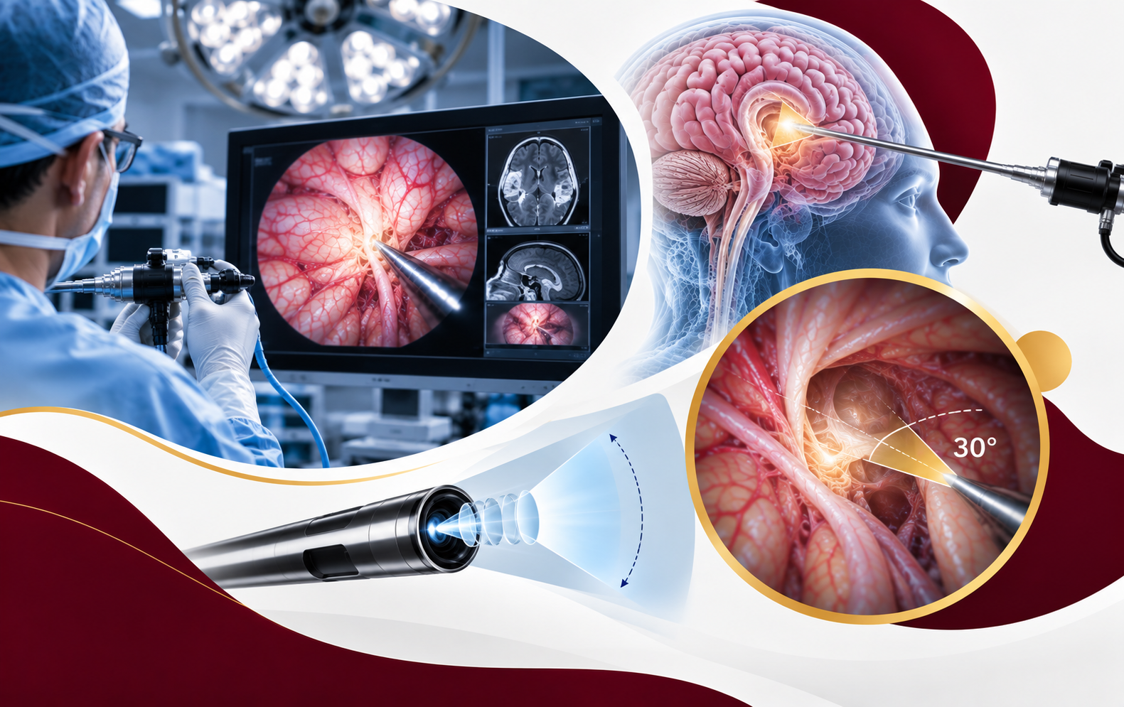 Illustration of 30-degree endoscopic visualization for brain and spine procedures.