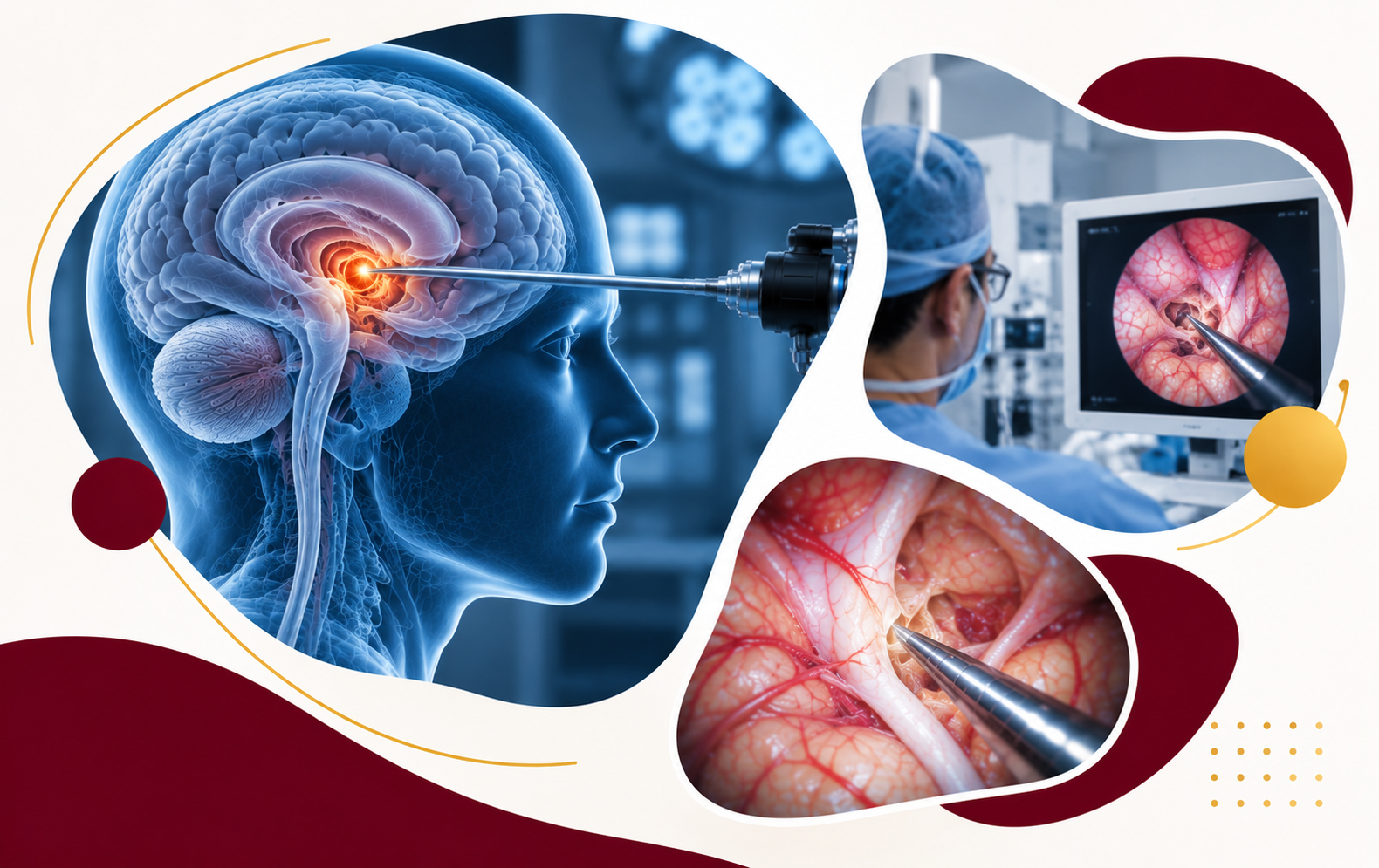 Illustration of endoscopic brain surgery through a small working corridor.